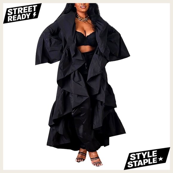 Long Sleeve Open Front Ruffle Maxi Cardigan Asymmetrical Hem Lightweight
